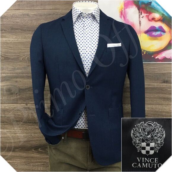 VINCE CAMUTO Mens Blazer Sport Coat Casual‎ Jacket Size 42L Blue Wool Suit